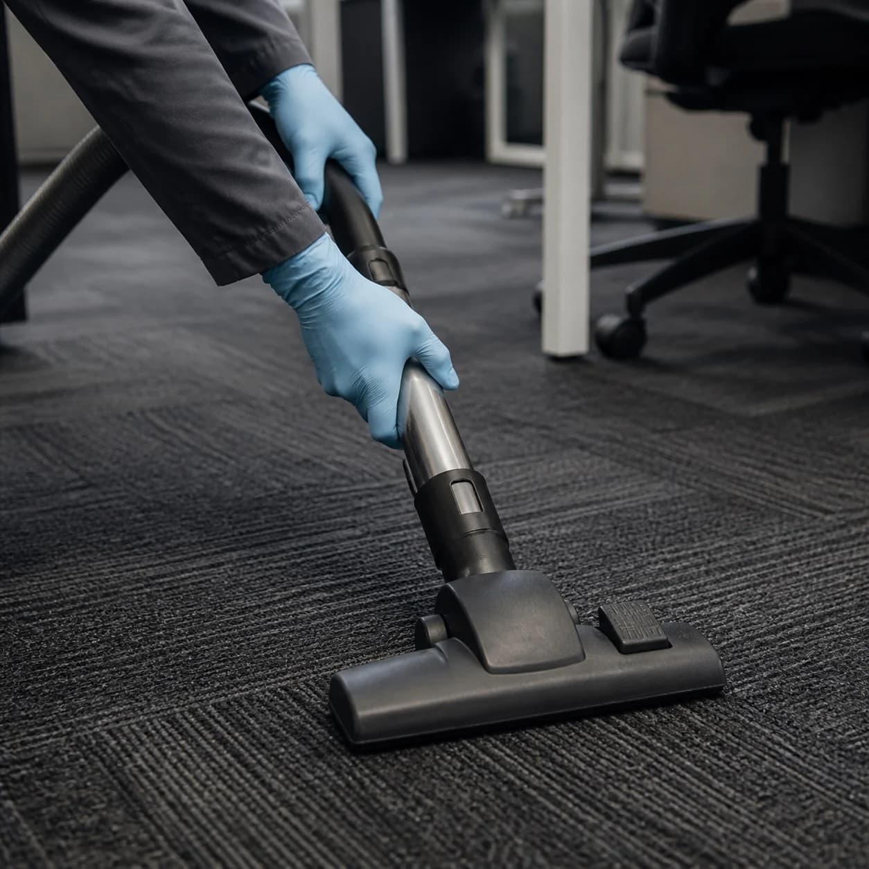Cleaner vacuuming textured carpet in a modern office