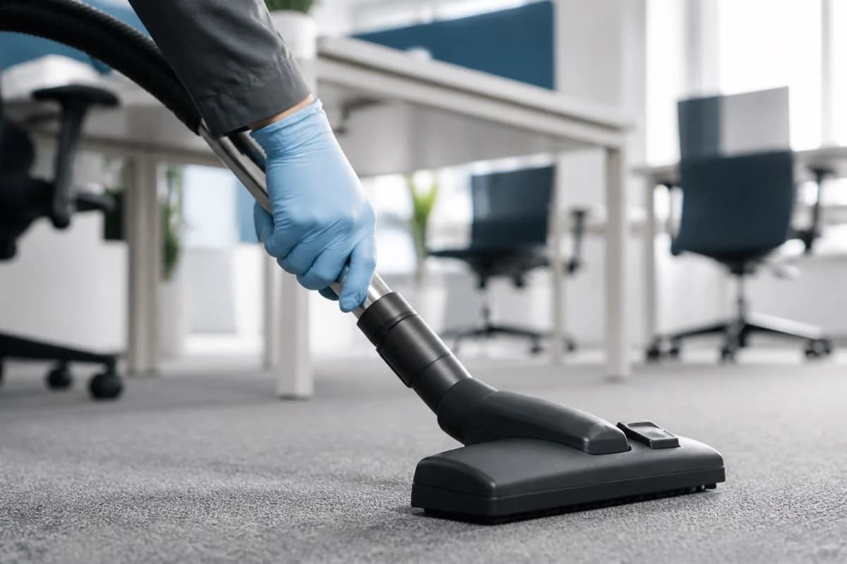 Cleaner vacuuming the carpet in a modern office workspace