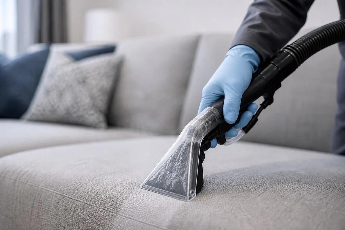 Cleaner steam extracting a light-grey upholstered sofa
