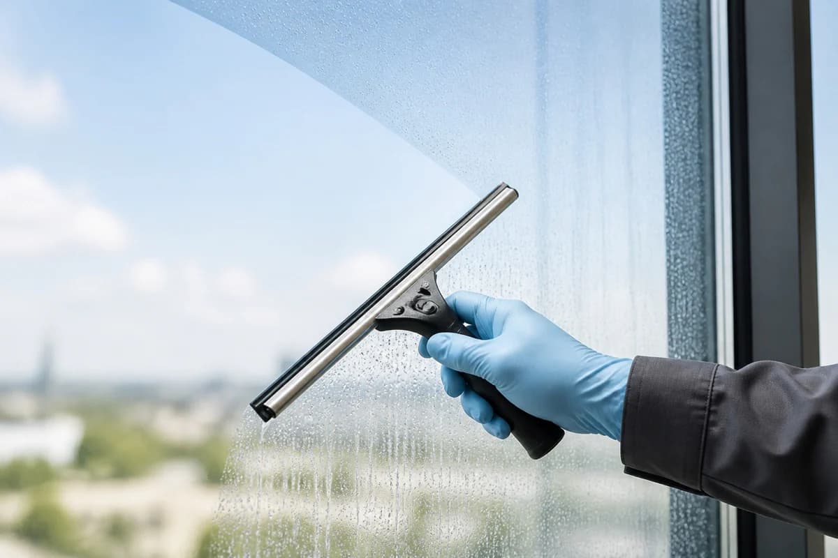 Cleaner using a squeegee on a large glass window